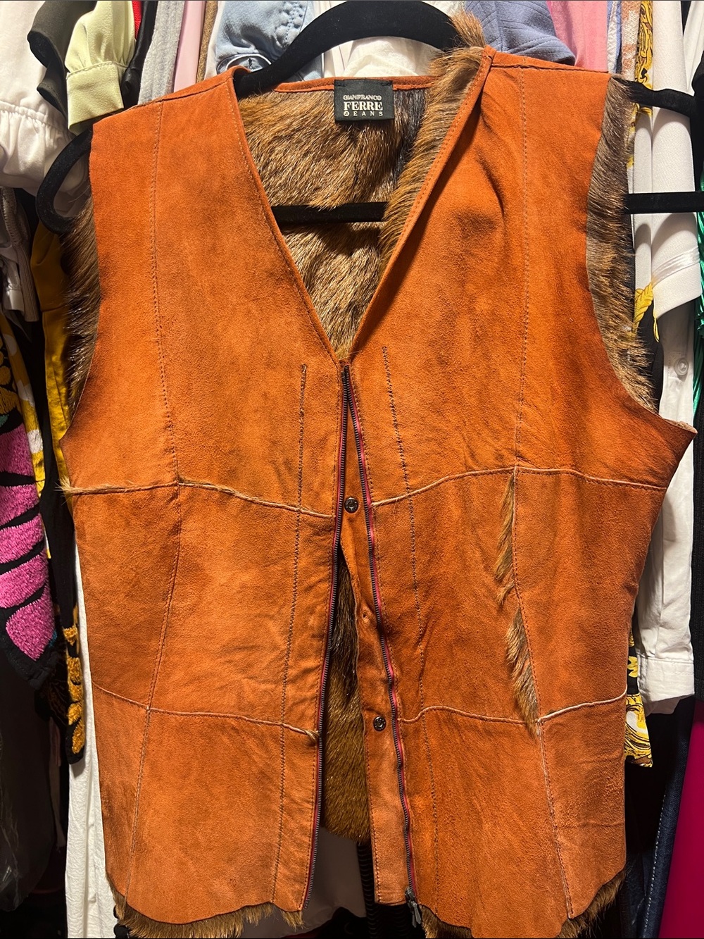 Gianfranco Ferre Orange Suede Fur-Lined Vest